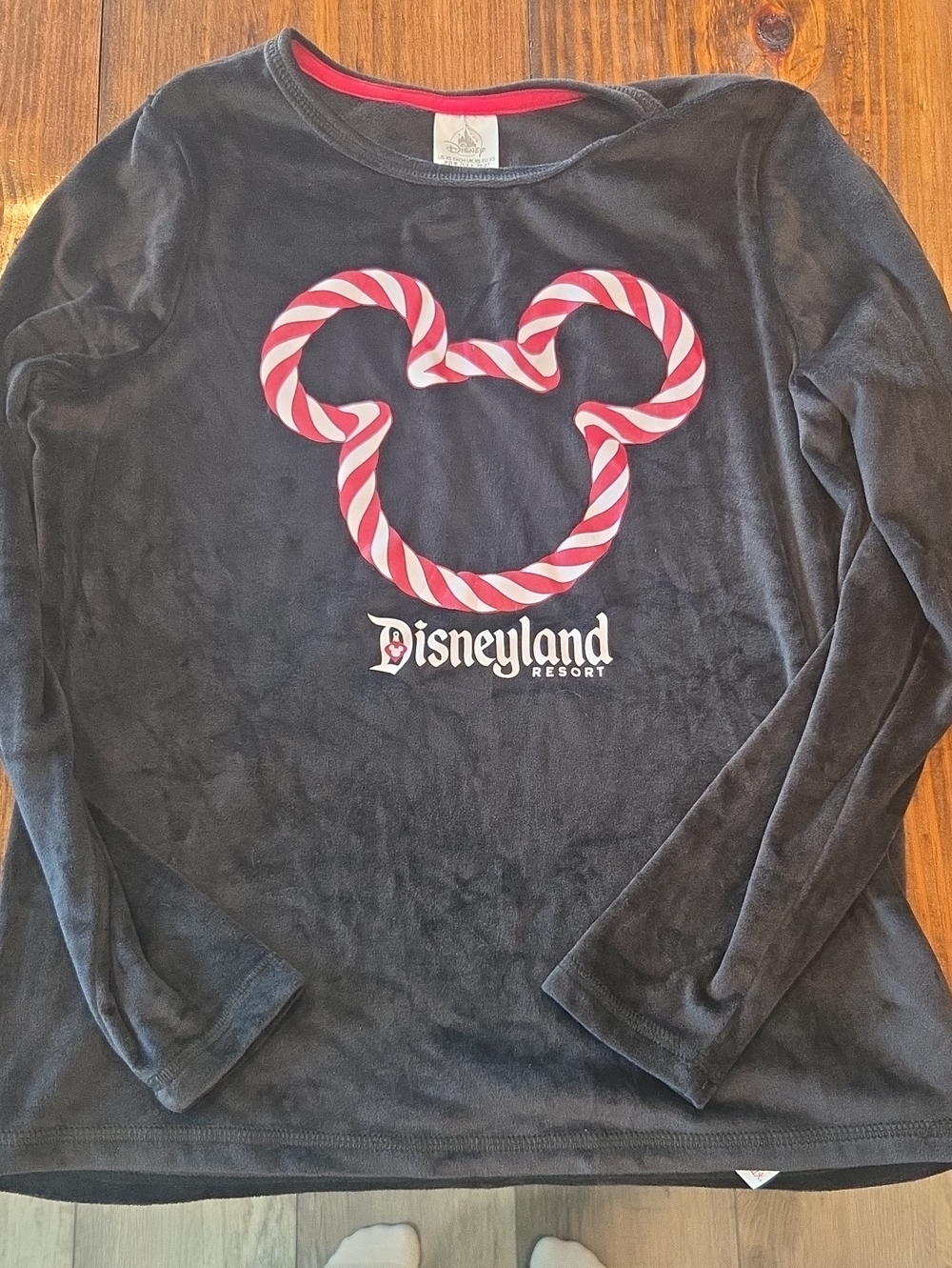 Disneyland Womens Black Long-Sleeve Top with Red Candy Mickey Graphic Velour